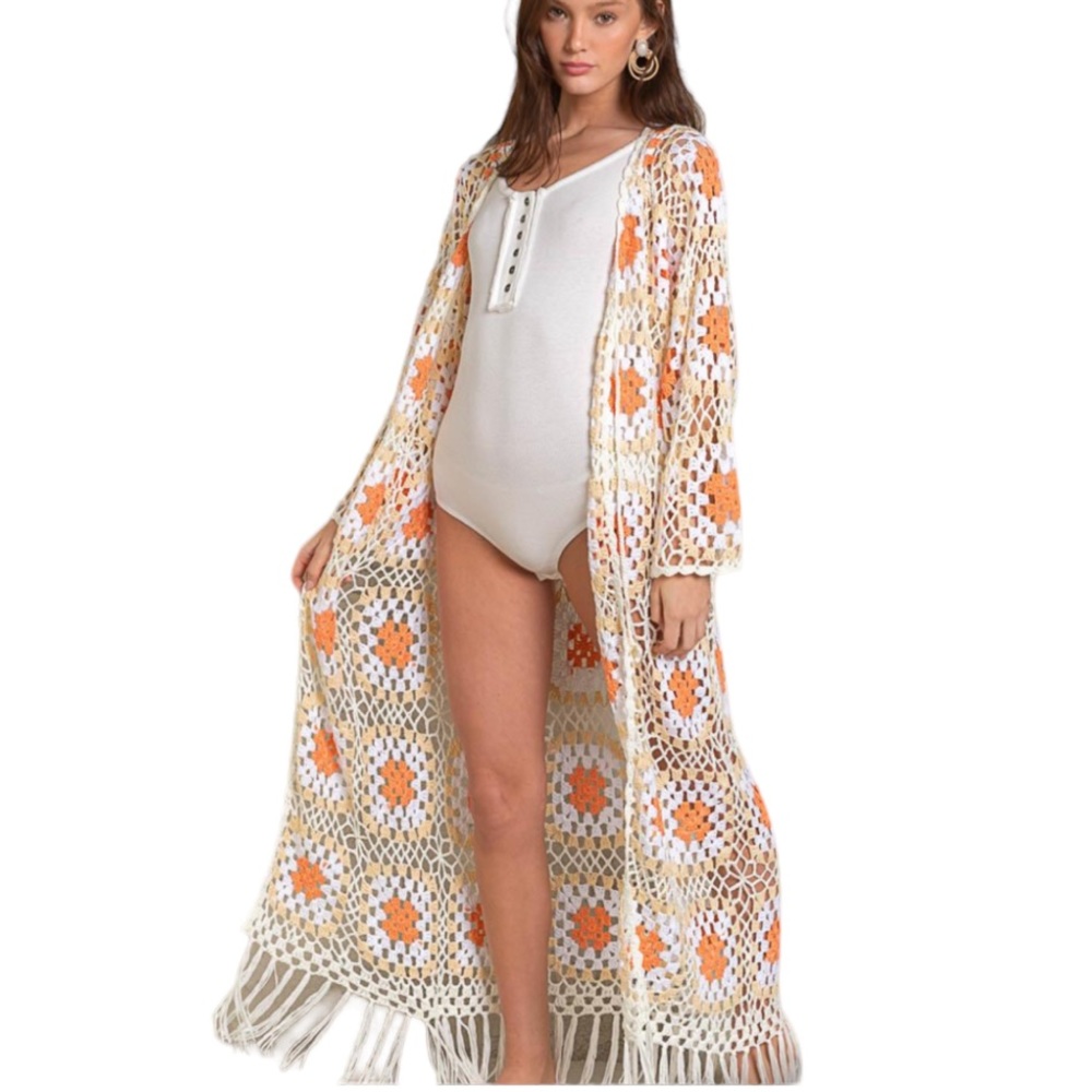 200. Women’s White/Orange Hand Crochet Maxi Fringe Cardigan NWT - Picture 2 of 3